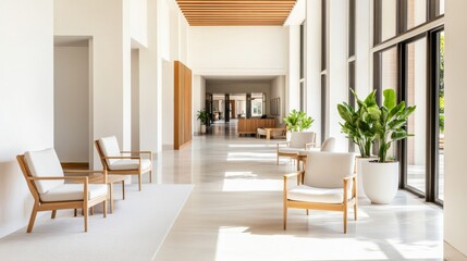 Fototapeta premium Bright minimalist hotel lobby hallway with symmetrical wooden armchairs, lush potted plants, floor-to-ceiling windows and warm natural sunlight, architectural interior design. Modern,
