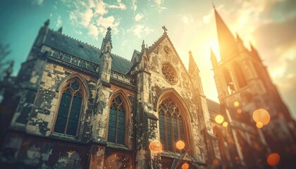 Fototapeta premium Gothic Cathedral Facade with Sun Flare and Bokeh Effects During Golden Hour