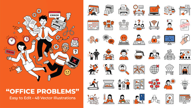 Office problems vector illustrations, set of 48 business icons depicting workplace stress and technical issues, orange and black line art