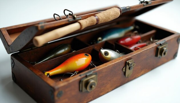 Open antique wooden fishing tackle box with metal latches displays vintage lures, rod. Colorful bait accessories lay inside wooden compartments on white background. Old school angling gear set