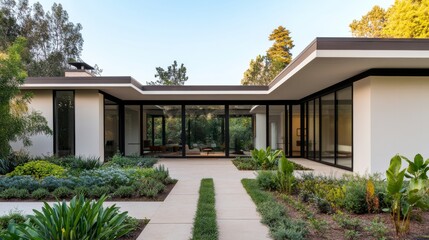 Fototapeta premium Mid-century modern home exterior featuring floor-to-ceiling windows and a central courtyard garden with stone path, symmetrical architectural photography, luxury villa,architecture,