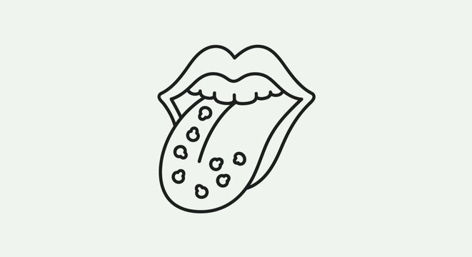 Close-up of a mouth with tongue sticking out, showing taste buds illustration.