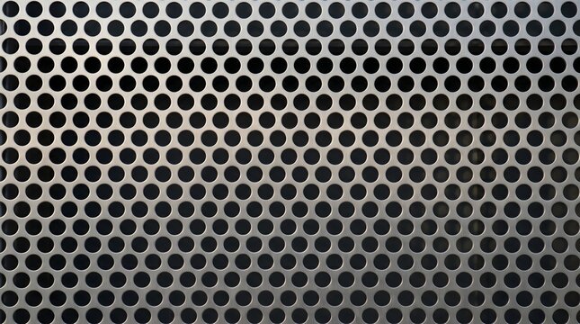 Close up texture of a silver metal sheet with a pattern of round perforated holes