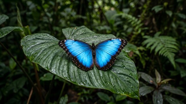 Stunning bright blue morpho butterfly resting on a large green jungle leaf