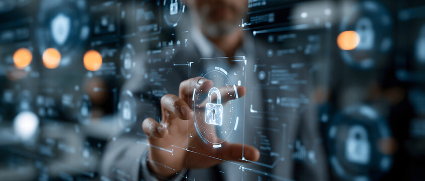Padlock with digital interface futuristic cybersecurity concept in a dark toned blurred background access authorization blur cyber data encryption information