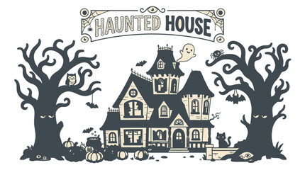 Obraz premium A spooky haunted house with trees and creepy decorations on a white background for Halloween.