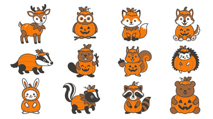 Obraz premium Halloween themed cartoon animals in orange costumes, including deer, owl, fox, hedgehog, raccoon, bear, rabbit, and squirrel, for kids party decoration or greeting card.
