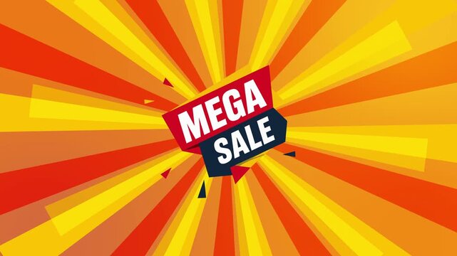 Mega Sale Black Red Flag Badge on Orange Sunburst Background Template