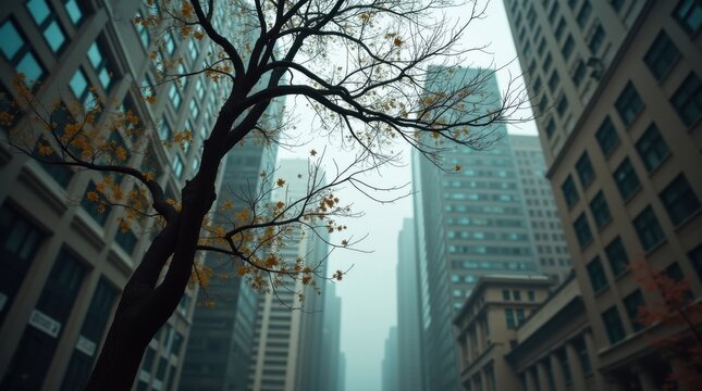 Ramas de &aacute;rboles dobl&aacute;ndose violentamente entre altos edificios de la ciudad durante una tormenta de viento