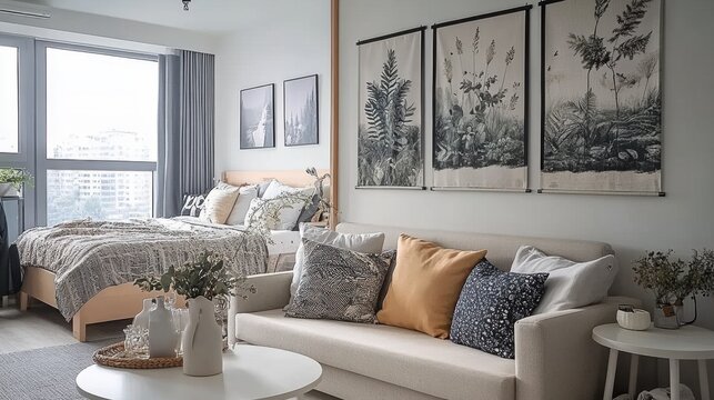 Cozy bedroom and living room combo with nature-themed decor