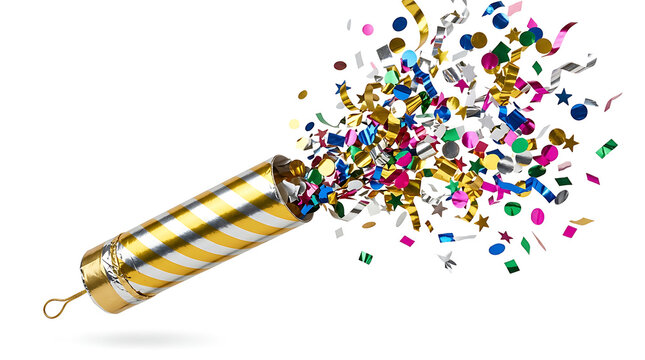 Gold and silver striped party popper exploding with colorful confetti on a white background isolated