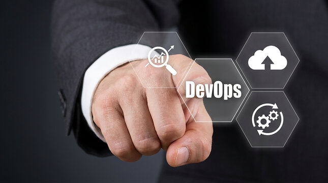 DevOps Concept Touch: A man in a suit touches a holographic screen displaying the word DevOps surrounded by icons representing cloud computing, continuous integration, and analytics.