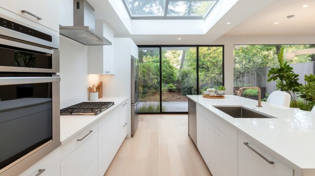 Modern galley kitchen with white minimalist cabinetry, central island, skylight and floor-to-ceiling glass doors opening to a lush garden, bright natural lighting, interior