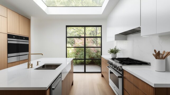 Modern galley kitchen with white stone countertops, wood cabinets, black window view and skylight, bright minimalist interior design, Architectural photography, Modern kitchen,