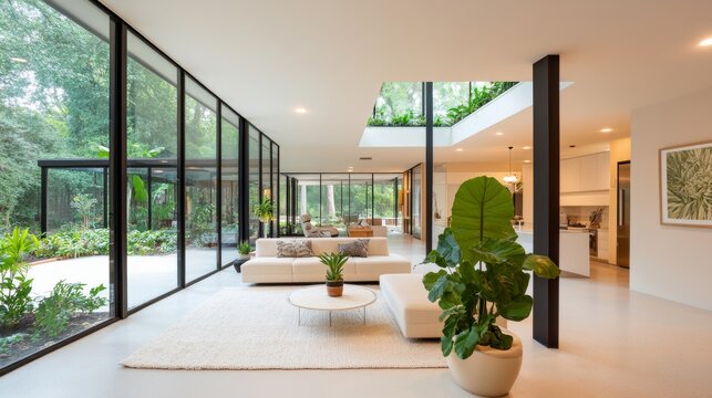 Modern living room with floor-to-ceiling windows and central skylight garden, showing open plan interior design, lush greenery and minimalist white furniture,Biophilic Design,Modern