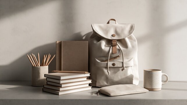 Aesthetic neutraltoned stationery and backpack with natural light , back to school photo