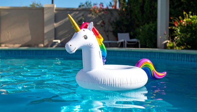 A white inflatable unicorn floats on the surface of a swimming pool