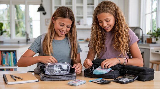 Two young girls packing school bags and supplies for the new academic year , back to school photo