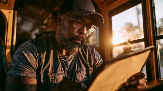 Man in a bus cabin writing on a clipboard , back to school photo