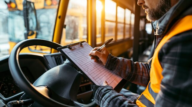 Man in a bus cabin writing on a clipboard , back to school photo
