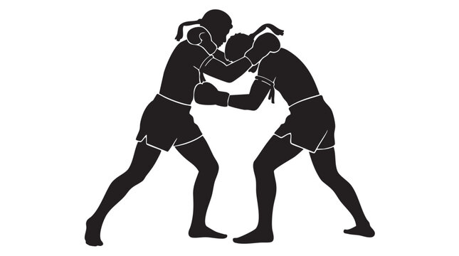 Muay thai fighters in a clinch position performing a close-range grappling technique.