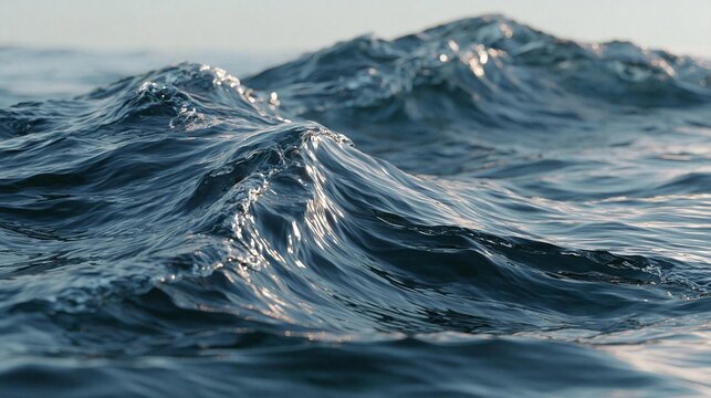 Close-up of a wave in the ocean. the wave is breaking on the surface of the water, creating a crest-like shape. the water is a deep blue color and the waves are white and foamy.