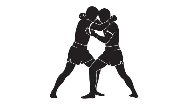 Muay thai fighters in a close clinch position during a combat training session.