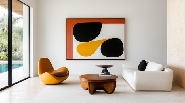 Modern minimalist living room featuring a yellow organic lounge chair, white sofa and wooden coffee table centered under abstract art with a tropical pool view, Interior Design, Decor