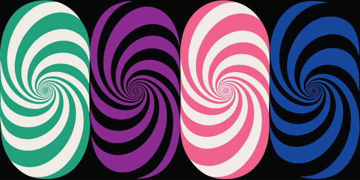 Four abstract spiral patterned circles in green, purple, pink, and blue colors on a solid black background