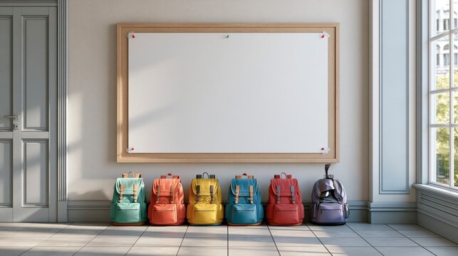 Row of colorful school backpacks lined up under a blank bulletin board , back to school photo