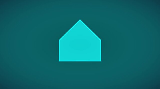 Minimalist house animation: glowing cyan home symbol on dark 4k background, real estate