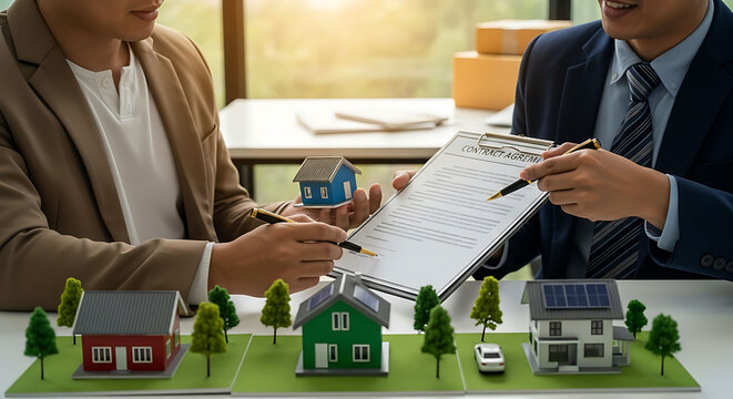 Real estate agent showing house contract agreement to buyer for signing mortgage