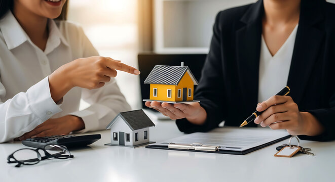 Real estate agent showing house model to buyer during contract signing process