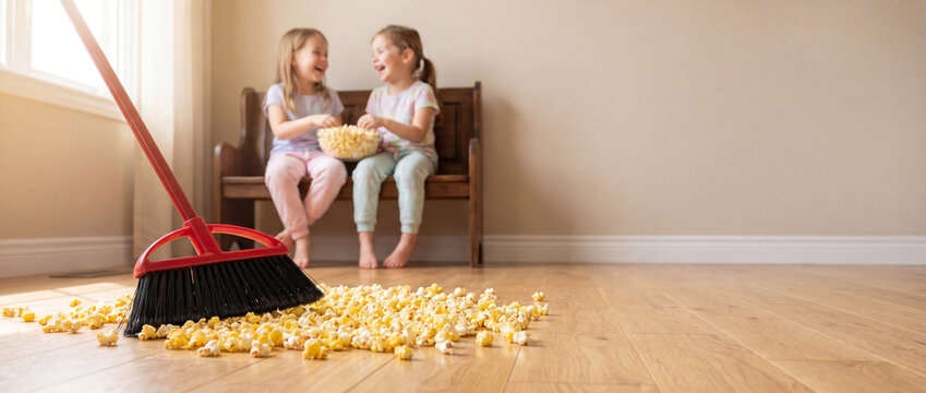 Broom sweeping popcorn with laughing kids on a wooden floor in a bright living room, capturing a messy domestic moment perfect for family lifestyle blogs and home cleaning services