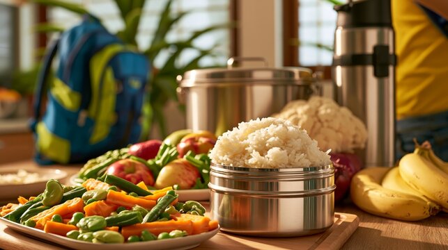 Healthy lunch box with rice and vegetables next to a bowl of fresh fruit , back to school photo