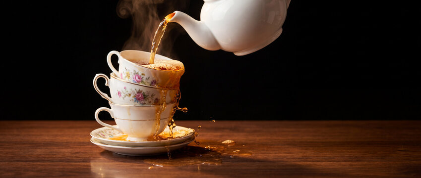 Tea overflowing from stacked vintage cups as hot liquid pours from a white ceramic teapot, featuring warm wood tones and a dark background for cozy cafe or kitchen editorial design