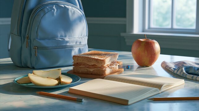 Backpack, school lunch, and notebook on a rustic wooden table , back to school photo
