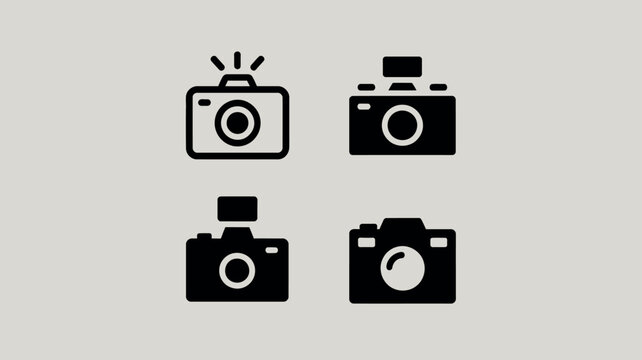 Set of four vintage camera icons with flashes on a light background