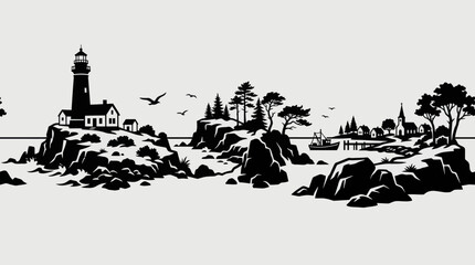 Obraz premium Coastal landscape with lighthouse and village