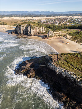 Aerial View of Morro da Guarita with Waves Crashing in Torres, Brazil