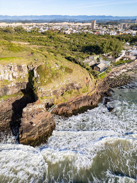 Aerial View of Morro da Guarita with Waves Crashing in Torres, Brazil