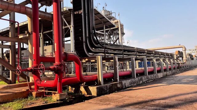 Industrial plant with hydrant red pipes and steel structures