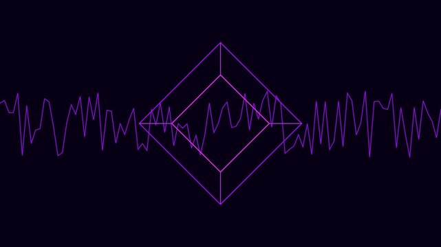 Purple audio waveform and rotating 3 d cube abstract 4k background, animation visualization sound frequency