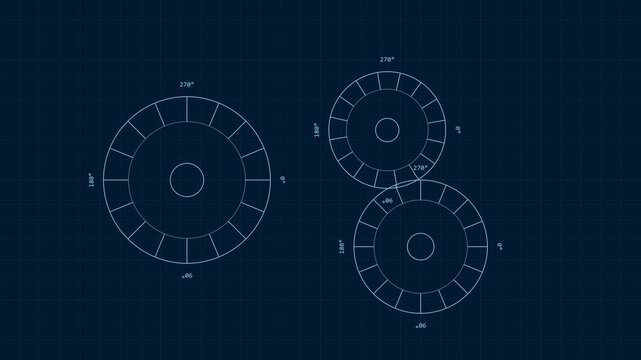 Rotating circular data infographic with degree markers on dark grid animation 4k background, for technical ui, and hud motion