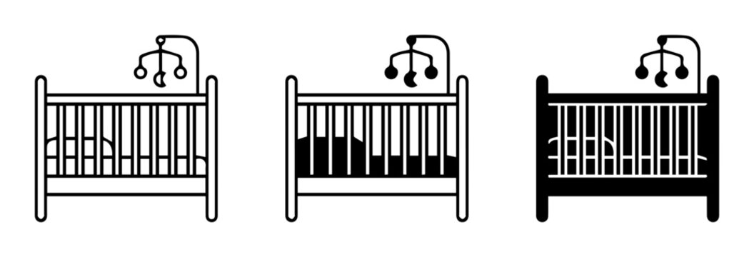 Baby Crib Icons, Nursery Bed Vector Graphics, Infant Sleep Furniture Set