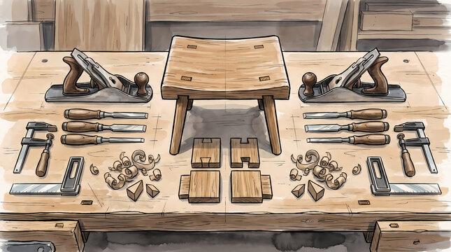 Symmetrical Woodworking Bench With Carpentry Tools