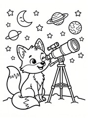 Fototapeta premium Coloring page, cute fox looking through a telescope.