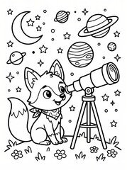 Fototapeta premium Coloring page, cute fox looking through a telescope.