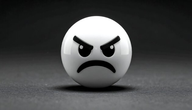 A white sphere with a frowning face and angry eyebrows on a dark background