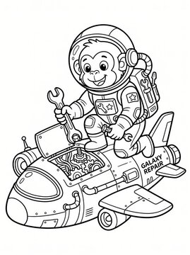 Coloring page, cute monkey repairing a spaceship.